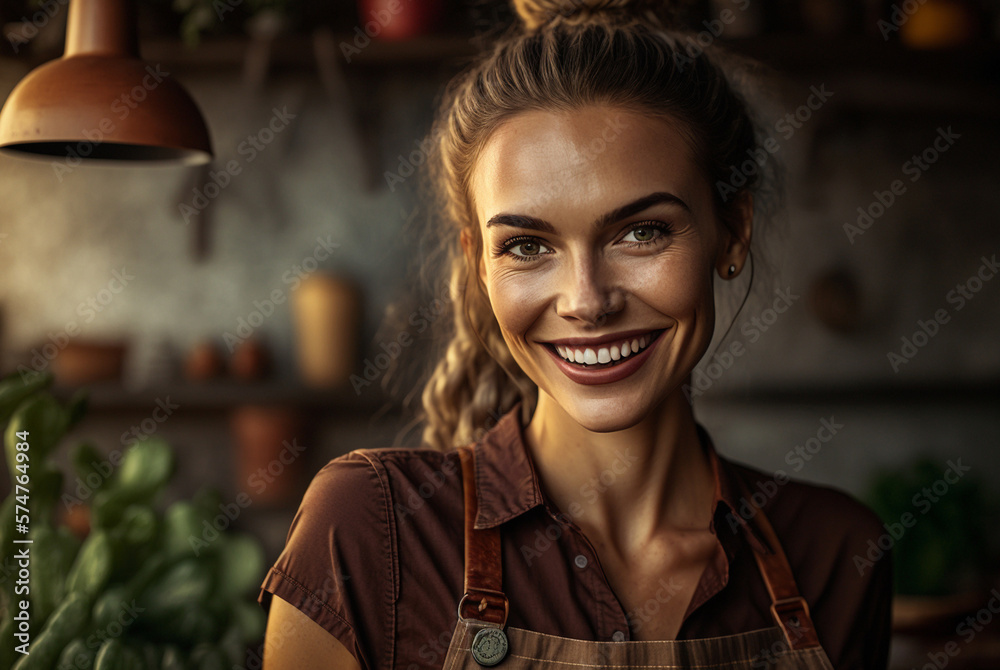 Fototapeta premium vegetables shop or home kitchen, A cheerful and smiling young adult woman exuding positive emotion. Generative AI