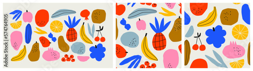 Funny hand drawn fruit food set. Colorful freehand fruits collection. Illustration of pineapple, banana, grape and more tropical summer foods on isolated background.