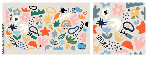 Set of trendy doodle and abstract random icons on isolated background. Seamless pattern collection, unusual organic shapes in freehand matisse art style. Includes bird, leaf, flower bundle.