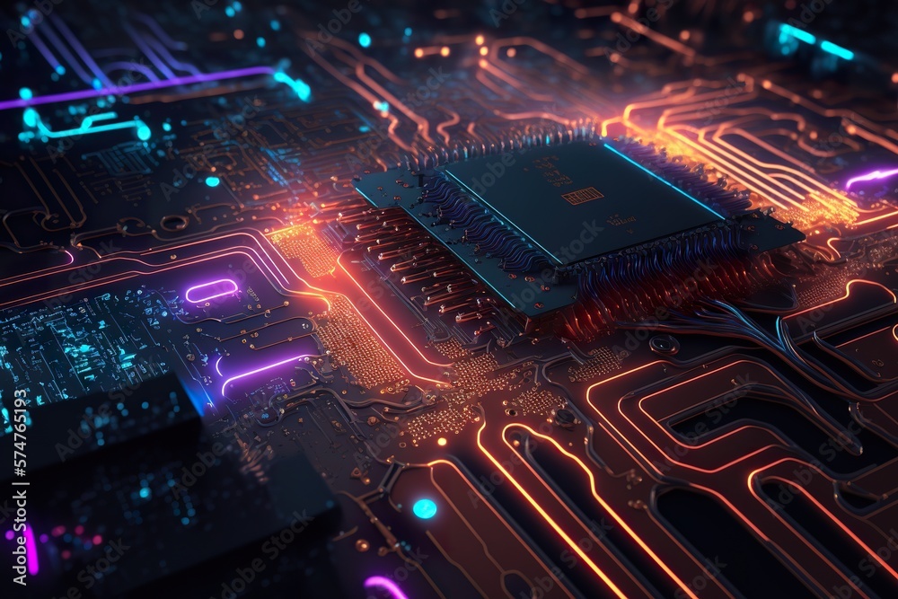 CPU of the future on a modern motherboard. Representation of future artificial intelligence technology. Luminescent processor. - obrazy, fototapety, plakaty 