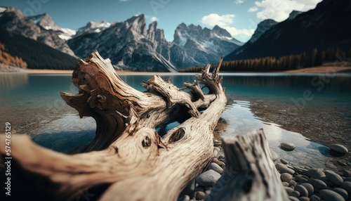 Driftwood lies on the edge of a lake with mountains in the background. Photorealistic illustration generated by AI. © July P