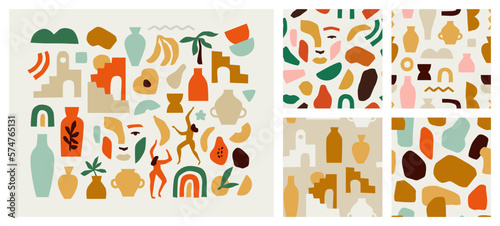 Set of trendy doodle and abstract nature icons on isolated white background. Seamless pattern collection, minimalist fruit shapes in freehand art style. Includes people, vase art and texture bundle