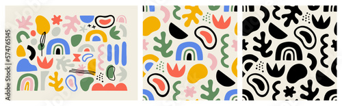 Abstract matisse inspired pattern set with colorful freehand doodles. Organic flat cartoon background collection, simple random shapes in bright childish colors. 