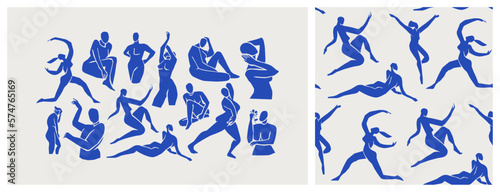 Abstract blue women seamless pattern set. Background illustration of flat cartoon woman figures, young vintage matisse art female wallpaper. Backdrop design for fashion fabric or modern trend print.