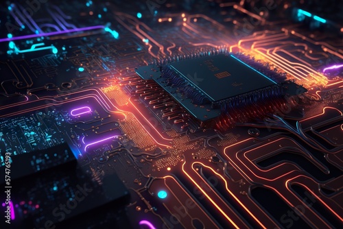 CPU of the future on a modern motherboard. Representation of future artificial intelligence technology. Luminescent processor. photo