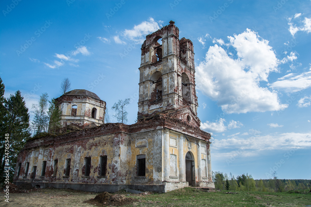 Outside view to the ruin of the orthodox church in The Salmi