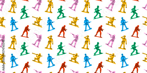 Retro toy soldier doodle seamless pattern illustration. Colorful 90s style green military men background for nostalgia concept or children game print.