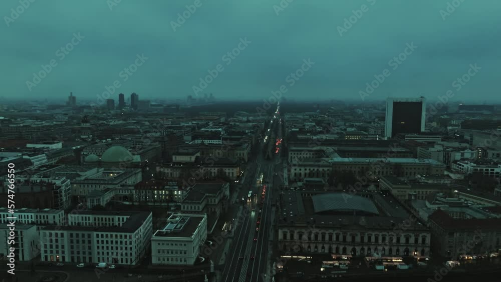 Drone shot revealing Berlin city center (Berliner Innenstadt) at dusk Drone shot revealing Berlin city center (Berliner Innenstadt) at dusk