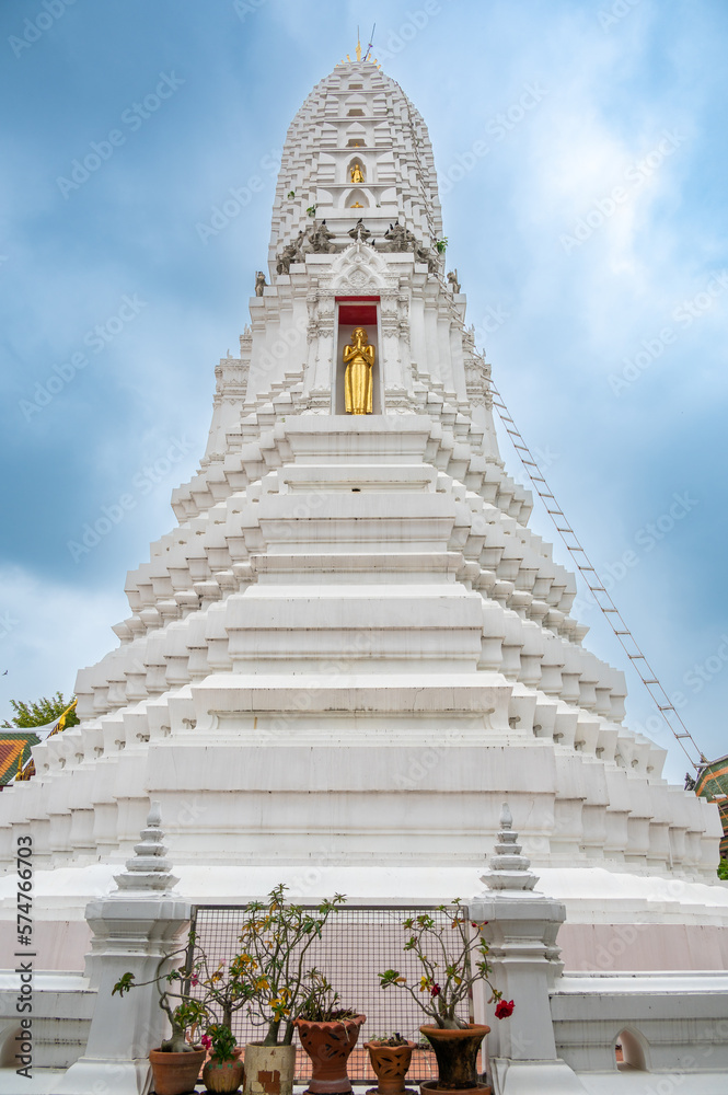 Wat Rakhang Kositaram buddhist temple at Bangkok, Thailand. White temple with pagoda, religion building.