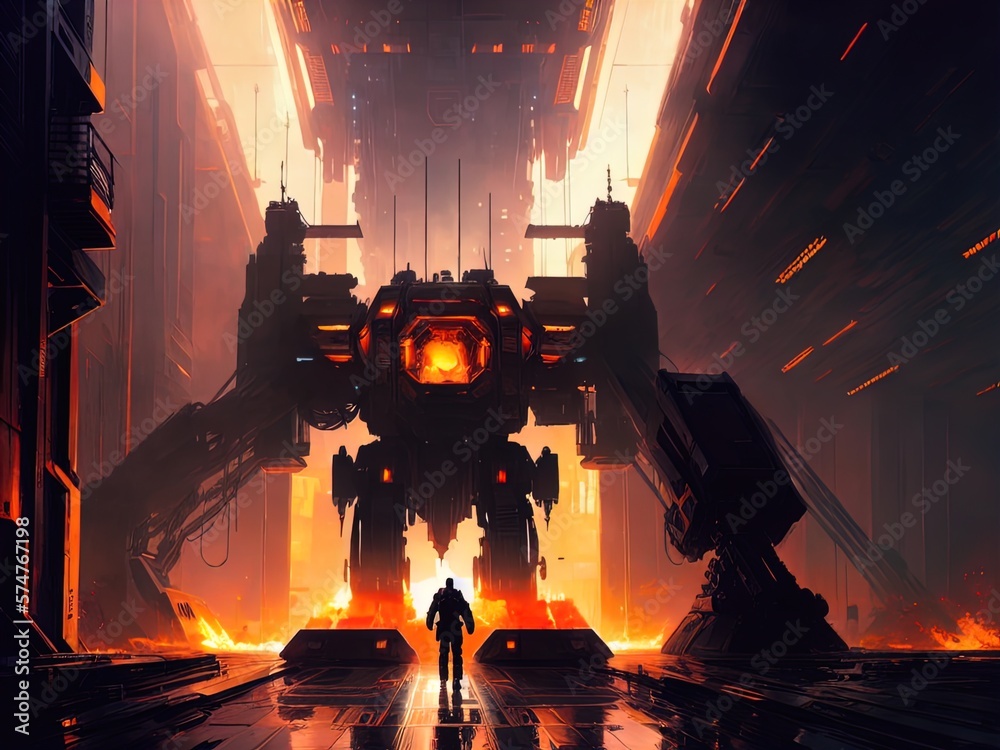 Fototapeta premium Giant robot. Futuristic sci-fi robot warrior.