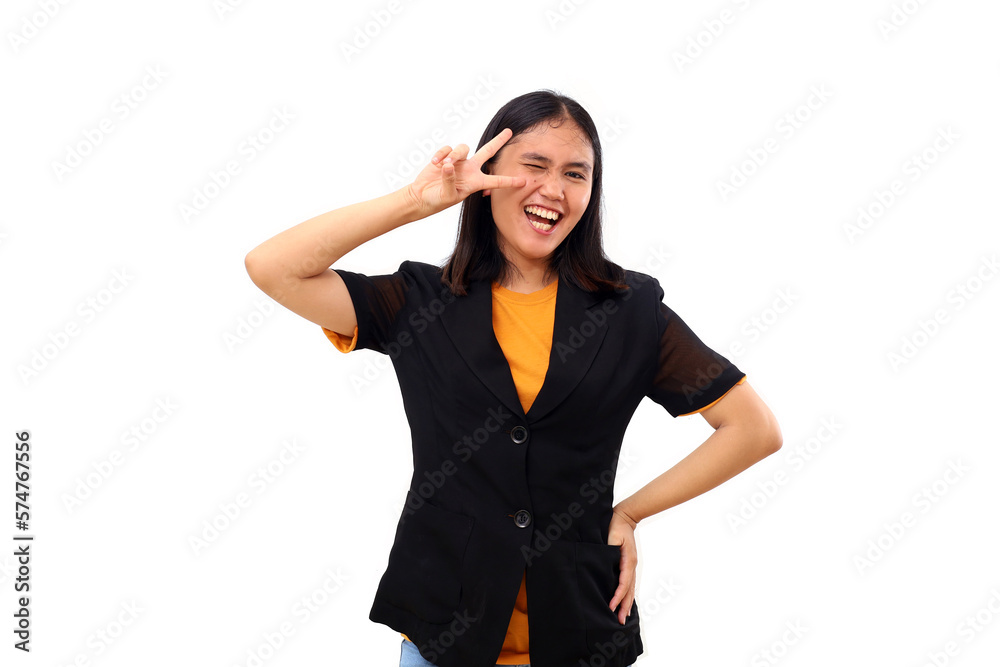 Cheerful expression young asian business woman standing while ma Cheerful expression young asian business woman standing while ma