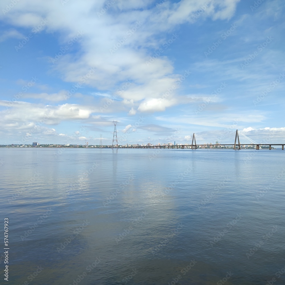 Beach in Encarnacion Paraguay with view of the bridge to Argentine, skyline of Posadas Beach in Encarnacion Paraguay with view of the bridge to Argentine, skyline of Posadas