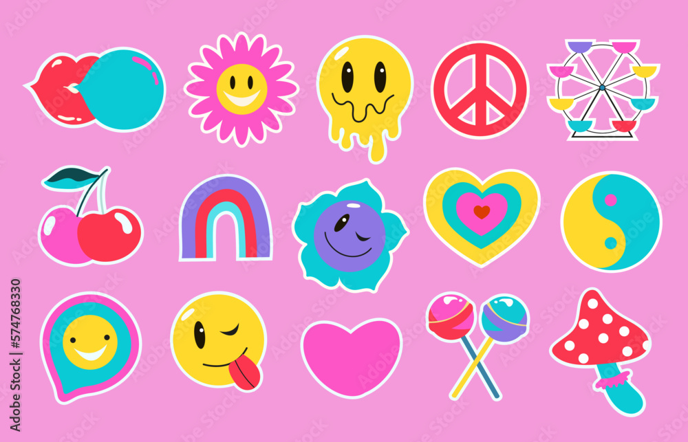 Y2k set. Collection on the theme of the 00s. Set of icons, hearts, rainbows, badges and stickers. Glamor Y2k vector illustration. Nostalgia for the 2000s. Vector isolated illustrations Y2k set. Collection on the theme of the 00s. Set of icons, hearts, rainbows, badges and stickers. Glamor Y2k vector illustration. Nostalgia for the 2000s. Vector isolated illustrations