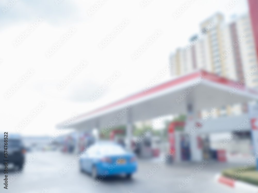 Fototapeta premium Abstract blur gas station interior. Blurred fuel filling station, soft defocused. Blurry building place of petrol service station background of pump gasoline and diesel oil.