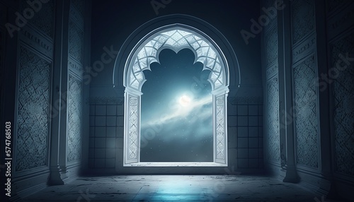 Foto Ramadan Islamic mosque interior moonlight shines through the window into a mosqu