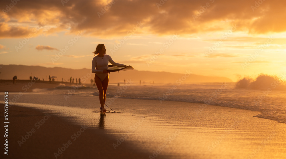 A silhouette of a girl surfer on the beach at sunset. A woman walking to the ocean to surf on banzai pipeline north shore Oahu Hawaii.