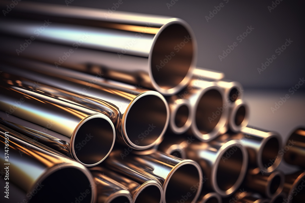 Naklejka premium Heap of shiny metal steel pipes with selective focus - Generative AI
