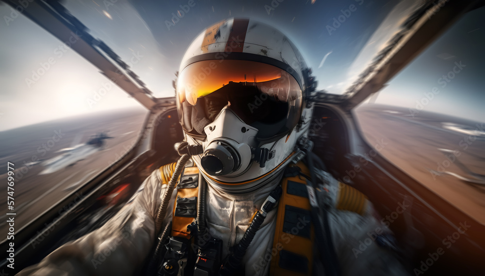 View from cockpit of fighter pilot leads air boat with enemy, sunlight. AI generation View from cockpit of fighter pilot leads air boat with enemy, sunlight. AI generation