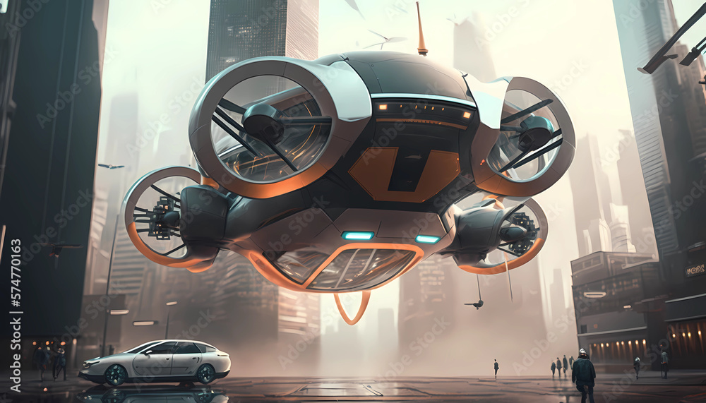 Futuristic aerial mobility. Ultra-modern passenger drone transport in  modern city. AI generative design. Innovative commuting service  Illustration Stock | Adobe Stock