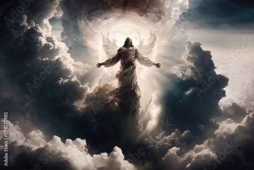 The Judgment Day How Belief and Praying in the Biblical Theme of Jesus Coming on Clouds with Power and Glory Prepares Us for the Day of Judgment Generative AI photo