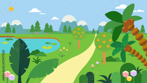 Tropical nature landscape with road.Summer natural scene with pond  orange trees  mountains  clouds  flowers  and palm trees.Vector illustration