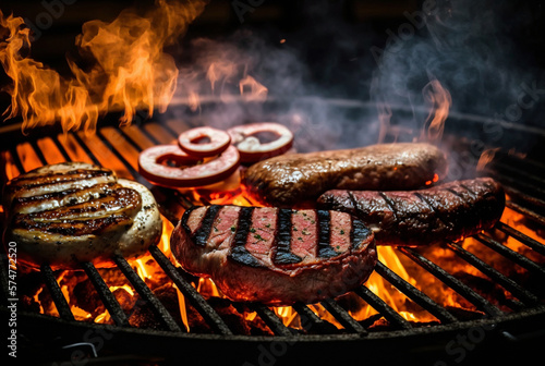 steaks cooked over a flame grill, BBQ meat or vegetarian meat substitutes. Generative AI