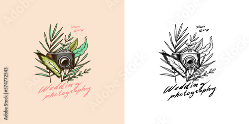 Photo camera and plants or flowers for the holiday. Wedding photographer badge or logo. Template for studio, vintage store. Hand drawn sketch for postcard, banner in simple minimalistic style. 