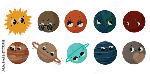 Set of cute solar system planets vector hand draw illustration on the white