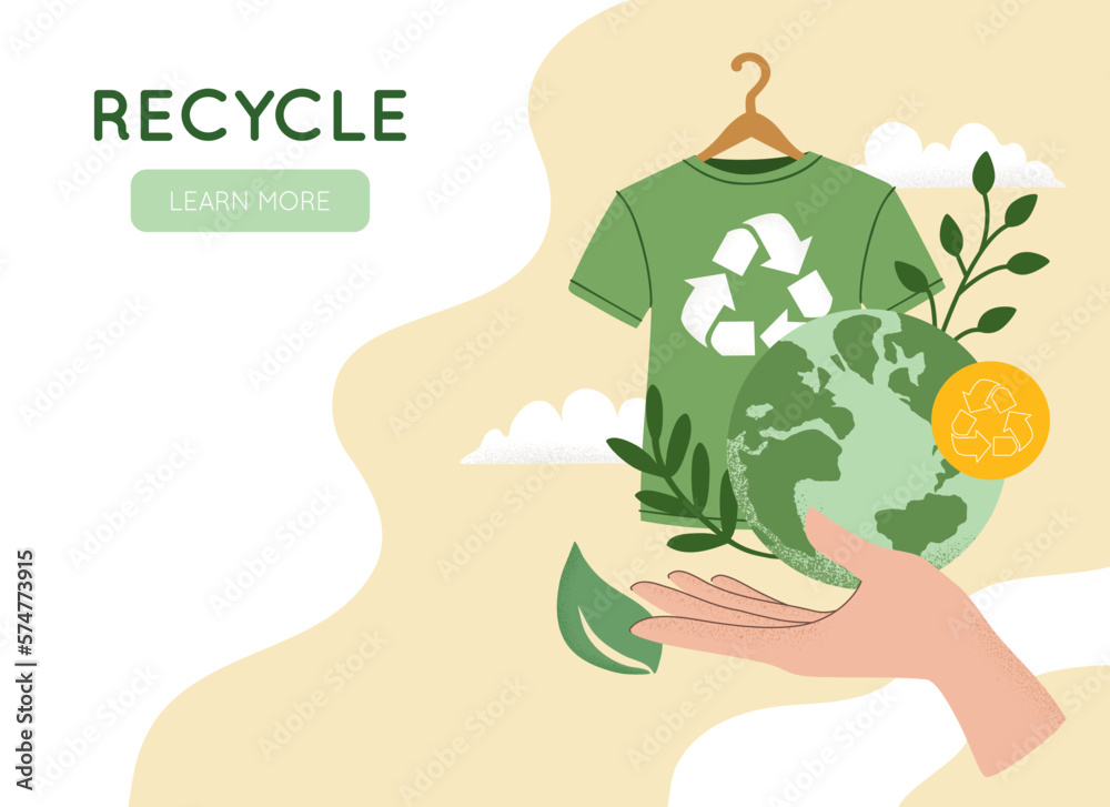 Vector illustration of hand holding green recycling t-shirt, Reuse ...
