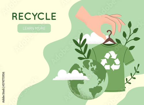 Vector illustration of hand holding green recycling t-shirt, Reuse, Reduce, Recycle symbol, Earth planet globe. Slow sustainable fashion, eco concept, environment care