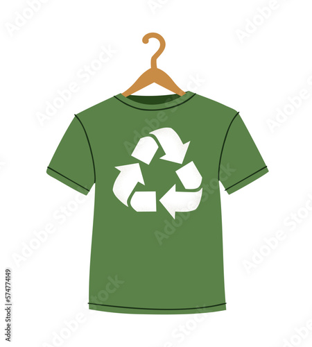 Vector illustration of green recycling t-shirt with clothes hanger, recycle symbol isolated on white background - sustainable fashion concept, environment care, slow fashion.