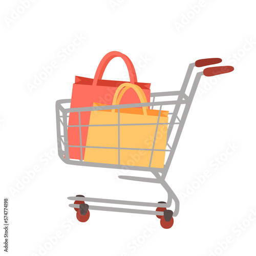 Vector illustration of grocery shopping cart isolated on white background in cartoon style.