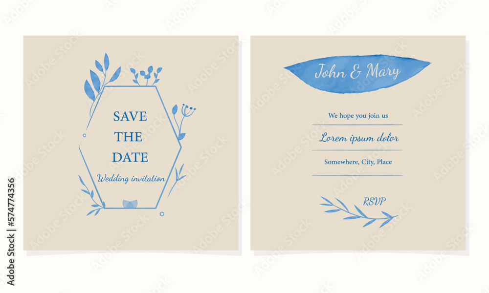 Fototapeta premium Minimalist trendy wedding invitation card design, watercolor blue line drawing on beige paper.Stylish invitation vector