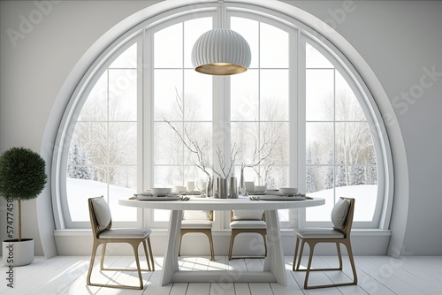 White dining rooms have large windows and white tables with wood and white chairs. circular ceiling lights mockup. Generative AI