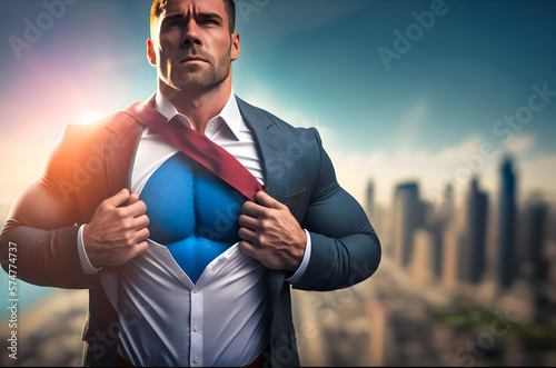 Athletic Muscular gym businessman in a business suit showing the superhero suit under his shirt tearing it up, against the backdrop skyscrapers business district of metropolis. Generative AI photo