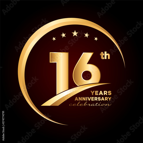 16 year anniversary celebration. Anniversary logo design with golden ring and text concept. Logo Vector Template Illustration