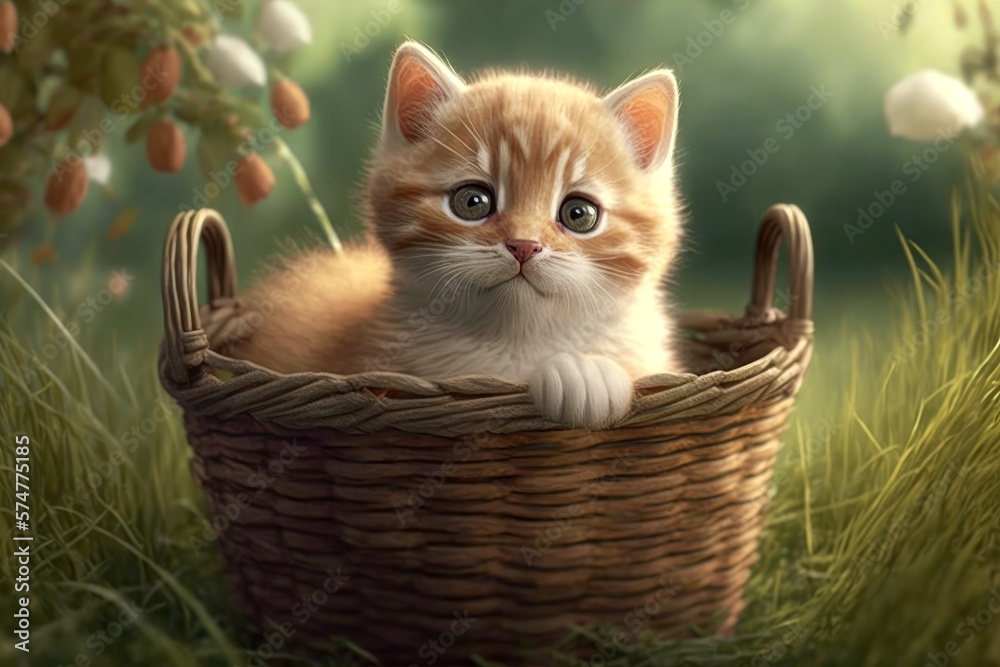 Cute Adorable kitten Cat Realistic Portrait in a Basket Domestic Pet Summer Grass Field Generative AI