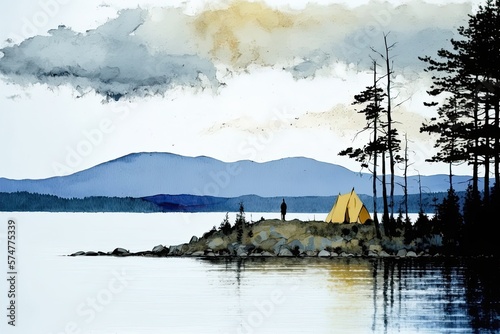 Camping at the lake. AI-generated illustration, based on contributor's photography and artwork. MidJourney.