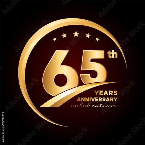 65 year anniversary celebration. Anniversary logo design with golden ring and text concept. Logo Vector Template Illustration