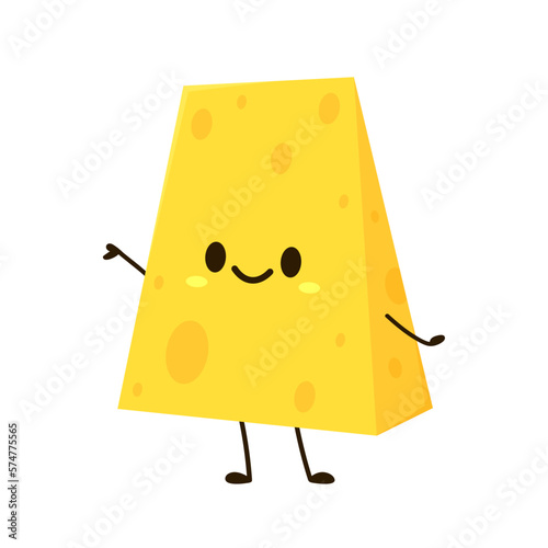 Cute happy cheese character. Funny food emoticon in flat style. Dairy emoji vector illustration.