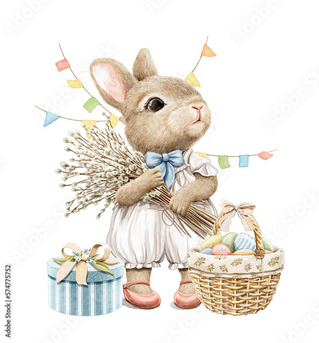 Canvas Print Watercolor vintage composition with Easter little bunny rabbit holding bouquet with willows near basket of eggs isolated on white background