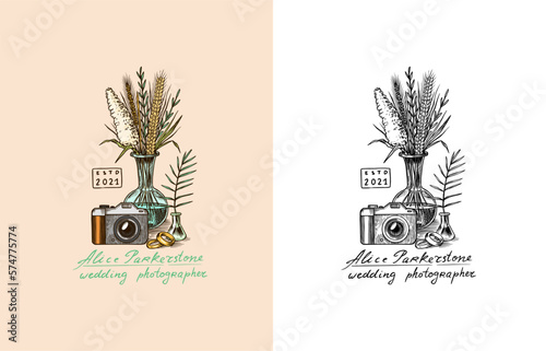 Photo camera and plants or flowers for the holiday. Wedding photographer badge or logo. Template for studio, vintage store. Hand drawn sketch for postcard, banner in simple minimalistic style. 