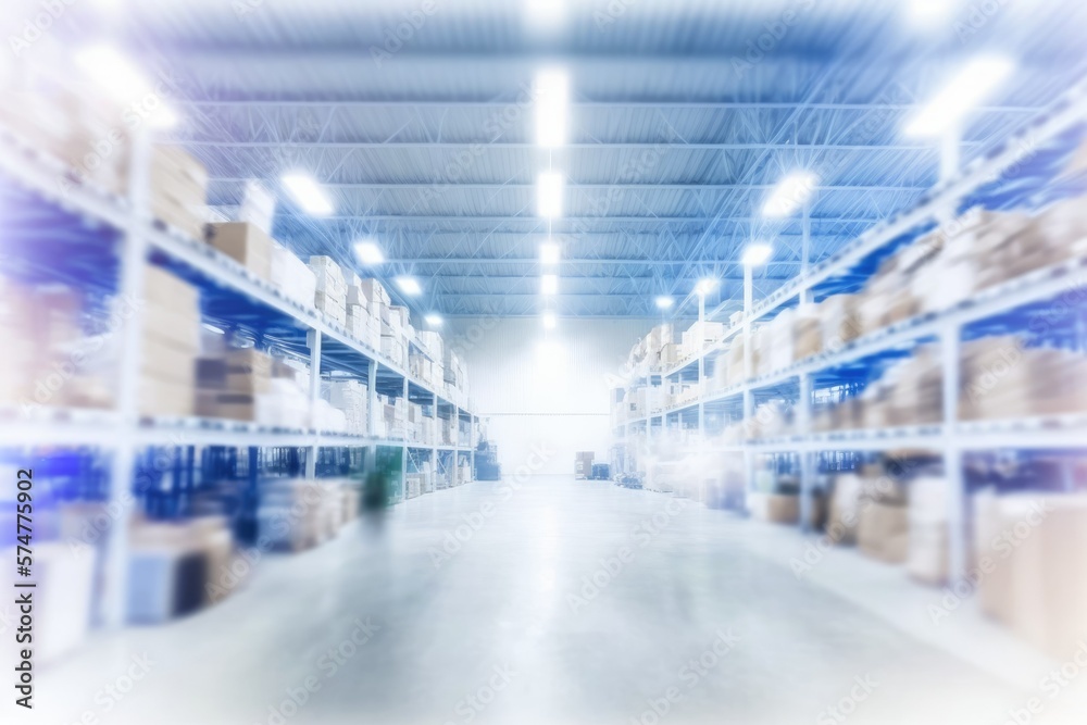 Warehouse with bokeh lighting, blurred factory background, hardware store, delivering packages against a bright white background, logistics, storage, and freight concept. Generative AI Warehouse with bokeh lighting, blurred factory background, hardware store, delivering packages against a bright white background, logistics, storage, and freight concept. Generative AI