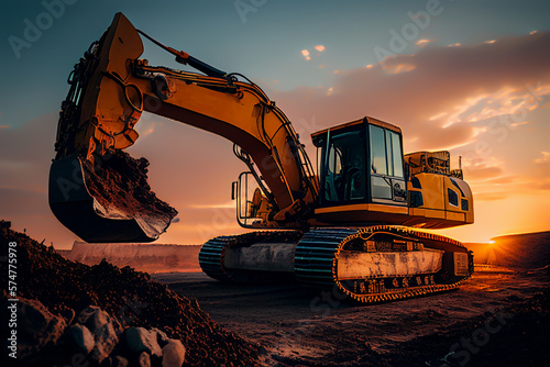 Excavator in open-pit mining. Biggest electrical excavator in opencast mine on sunset. Excavaon earthmoving. Construction machinery and equipment on earthworks, Ai Generative illustration.
