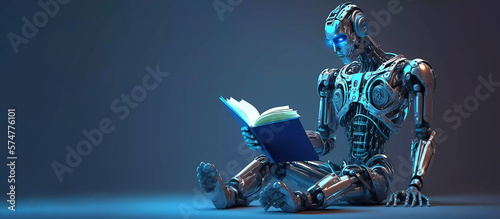 Robotic cyborg pressing. robot is sitting and reading a book. artificial intelligence. Banner. Place for text.  Generative AI