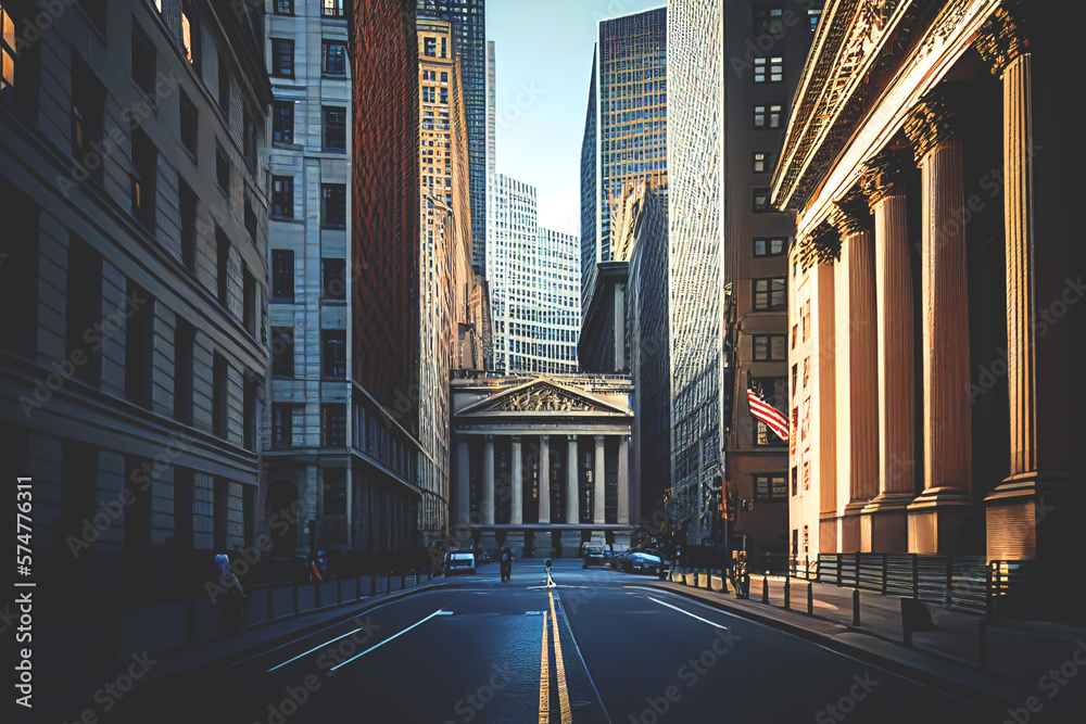 Obraz premium Wall Street in the Financial District of Lower Manhattan in New York City, Ai Generative illustration.