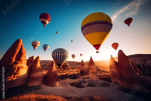 Air balloons on sunset in Cappadocia, Ai Generative illustration. Colorful hot air balloons fly in sky on sunlight. Travel in Turkey.