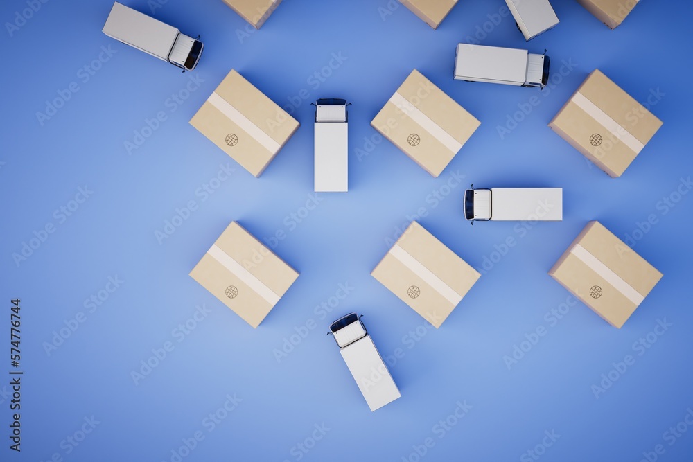 delivery of parcels over long distances. trucks and boxes with parcels on a blue background. 3D render delivery of parcels over long distances. trucks and boxes with parcels on a blue background. 3D render