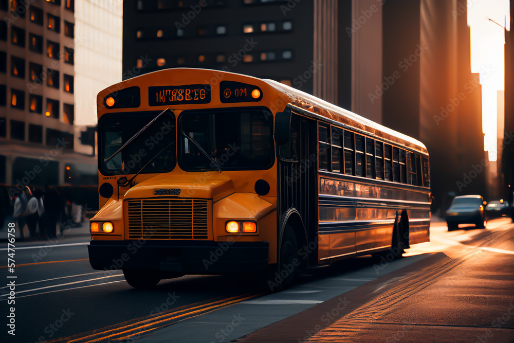School bus in New York on road streen in Manhattan. Student transportation to classroom. Usa school bus in yellow, ai generative illustration.