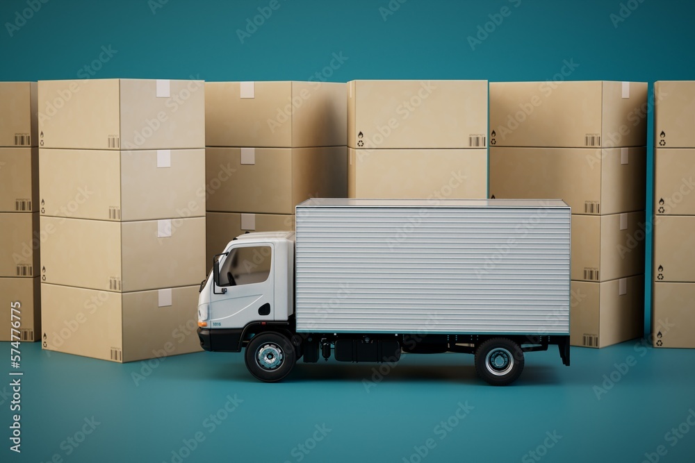 delivery of oversized cargoes. truck and boxes with parcels on a turquoise background. 3D render delivery of oversized cargoes. truck and boxes with parcels on a turquoise background. 3D render